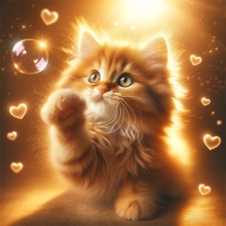 Милый рыжий котенок с мыльным шариком и сердечками