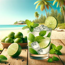 Картинка освежающий коктейль в обстановке тропического пляжа.