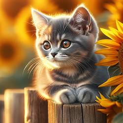 Картинка очаровательного котенка на фоне ярко-желтых подсолнухов