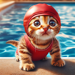 Кошка в бассейне, в костюме пловца