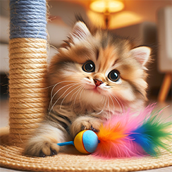 Картинка молодого игривого котенка с кошачьей игрушкой