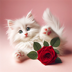 Картинка белого пушистого котенка с розой
