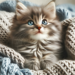 Изображение серого полосатого котенка с голубыми глазами в мягком, вяз