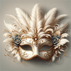 изображение элегантной маскарадной маски, украшенной белыми перьями