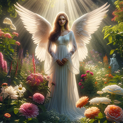 Изображение ангельской фигуры в цветущем саду, освещённом солнечными л