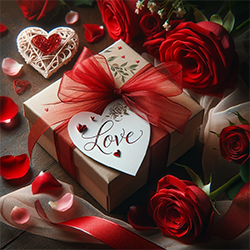 Романтическая композиция с подарочной коробкой, окруженной розами