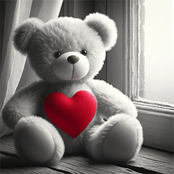 Тедди с красным сердцем у окна
