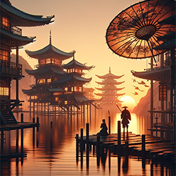 Сцена в японском фэнтезийном стиле на закате