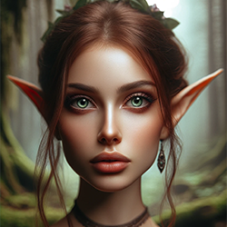 Портрет эльфийской девушки на фоне древнего леса