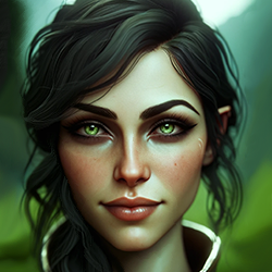Портрет фэнтезийного персонажа с выразительными зелёными глазами