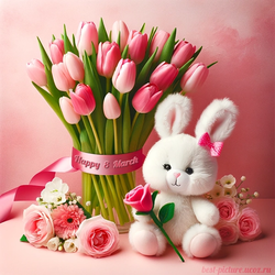 Букет розовых тюльпанов на 8 марта и плюшевый зайчик