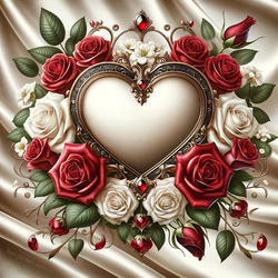 Мягкое сердце в бронзовой ювелирной рамке среди букета роз на атласной