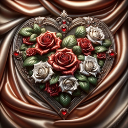Сердце из роз в ювелирной рамке с камнями на атласной ткани